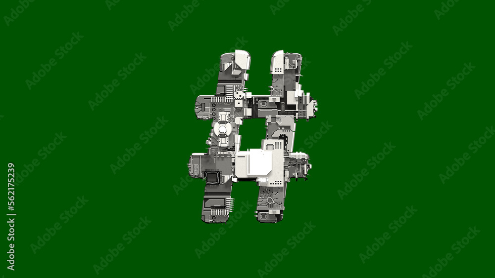 Poster number sign - cyber metal scrap font on green screen, isolated - object 3d rendering