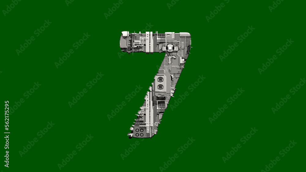 Poster number 7 - cyber scrap metal alphabet on chroma key screen, isolated - object 3d rendering