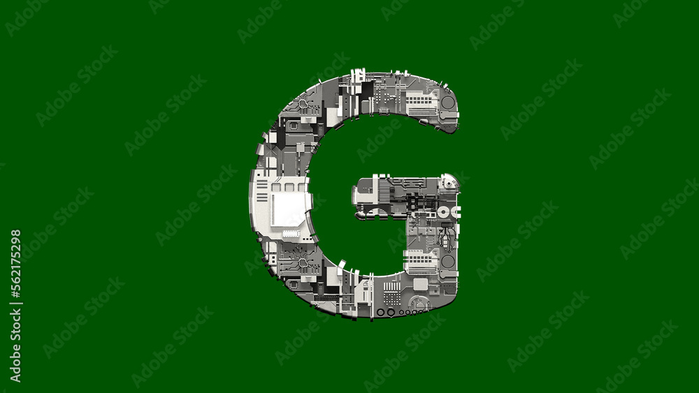 Poster letter g - cyber scrap metal font on chroma key screen, isolated - object 3d rendering