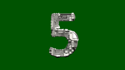 number 5 - cyber scrap metal font on chroma key screen, isolated - object 3D rendering