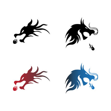 dragon head set silhouette and red blue, vector logo icon