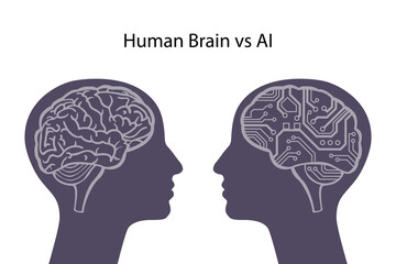 Human brain vs artificial intelligence. Two human heads.