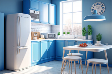 Minimalistic modern interior of a kitchen, blue and white colors. Generative AI