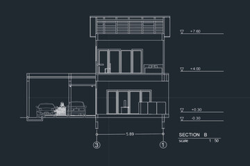 Detailed townhouse section, floor plans, apartments layout. Vector blueprint for architectural vector