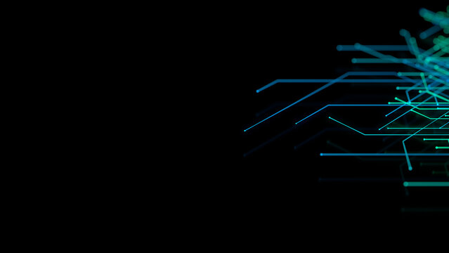 Futuristic Neon Lines form a Technical Grid. Blue and Green Cyberspace Concept with copy-space.