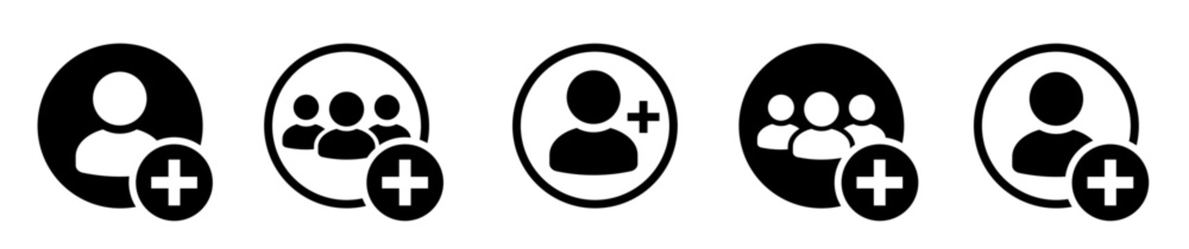 Add new user icon set. Person profile avatar with plus. Add user profile icon. Male person profile avatar in black colors. Vector illustration.