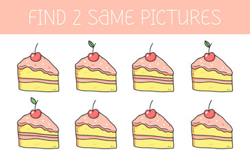 Find two some pictures is an educational game for kids with cake. Cute cartoon cake. Vector illustration.