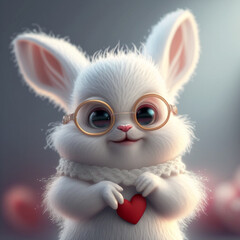 Little cute adorable white bunny rabbit holding Valentine's heart. Valentine's day concept.
