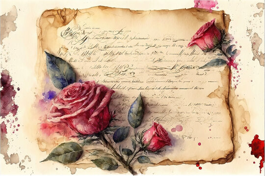 a classic vintage love letter written and roses above, watercolor art, generative ai technology