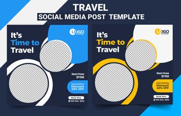 Travel business promotion web banner template design for social media. Travelling, tourism or summer holiday tour online marketing flyer, post or poste.
