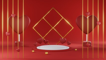 3D rendering of red podium for Valentine products on Valentine's Day.