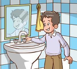 boy turning off the tap in the bathroom cartoon vector