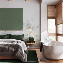 Minimalist wooden bedroom with bathtub in white and green tones, close up. Master bed, parquet ,windows and wallpaper. Japandi interior design