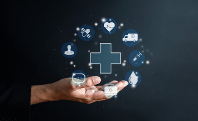 Hand holding plus and healthcare medical icon. Health insurance, health and access to welfare...