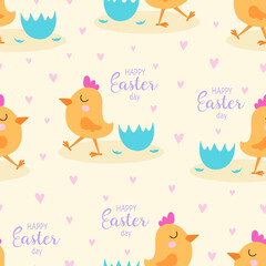 easter seamless pattern with cute chicken, flat style