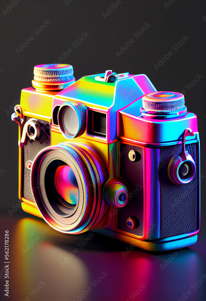 Poster Beautiful abstract Camera in neon lights . Generative AI technology 