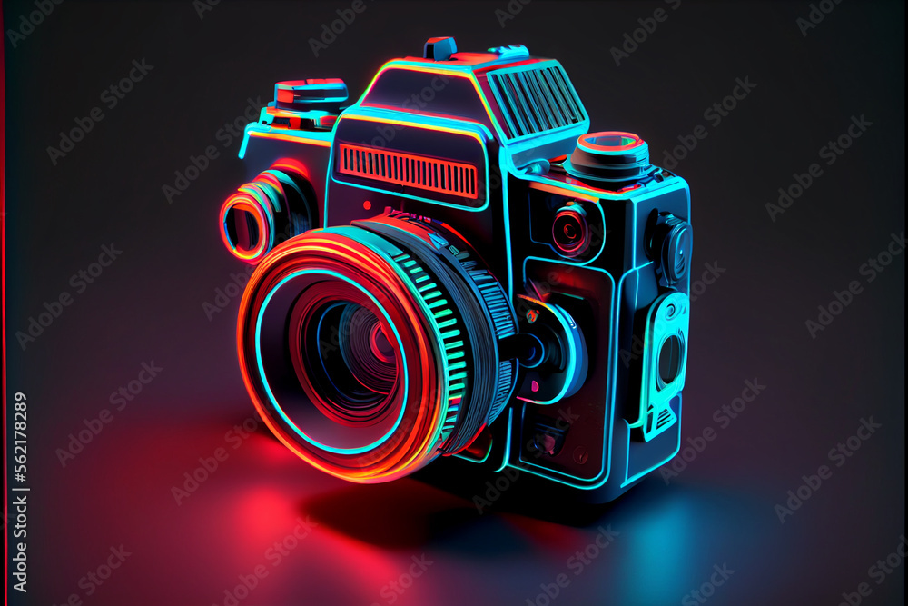 Poster beautiful abstract camera in neon lights . generative ai technology