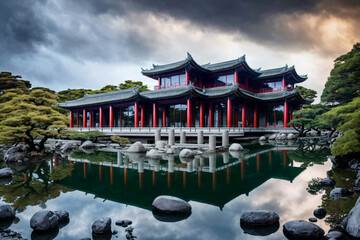 Fototapeta premium Landscape with futuristic asian architecture and cloudy sky. Generative AI