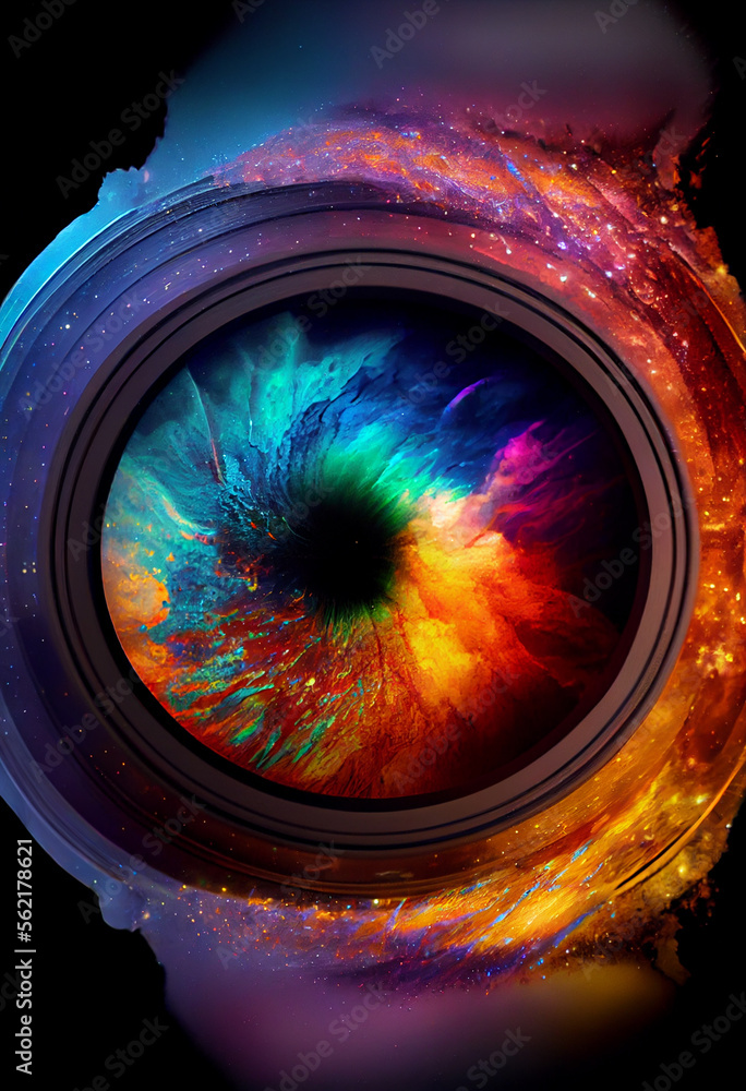 Poster Beautiful abstract surreal camera lens. Generative AI technology 