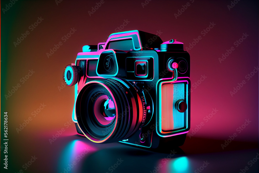 Poster beautiful abstract camera in neon lights . generative ai technology