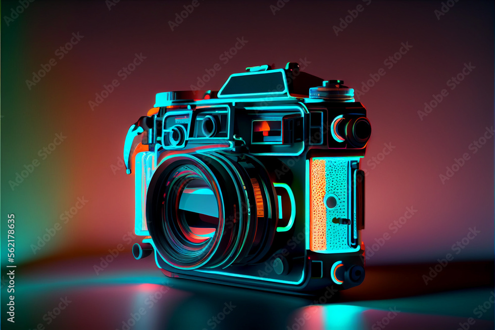 Poster beautiful abstract camera in neon lights . generative ai technology