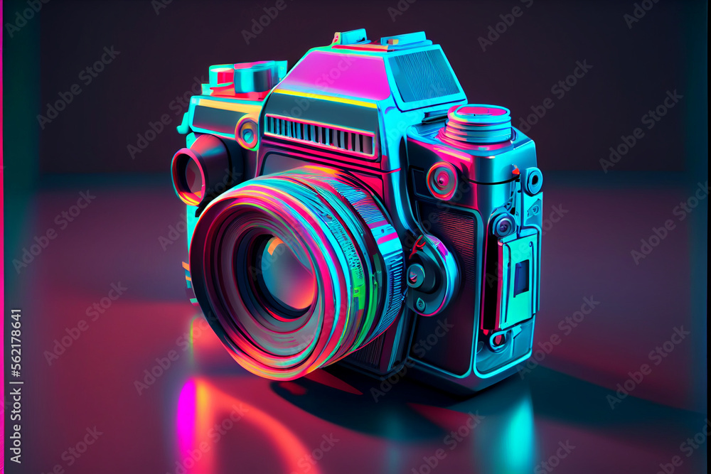 Poster Beautiful abstract Camera in neon lights . Generative AI technology 