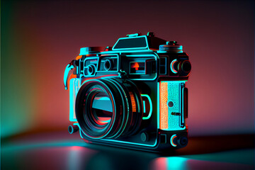 Beautiful abstract Camera in neon lights . Generative AI technology  - obrazy, fototapety, plakaty