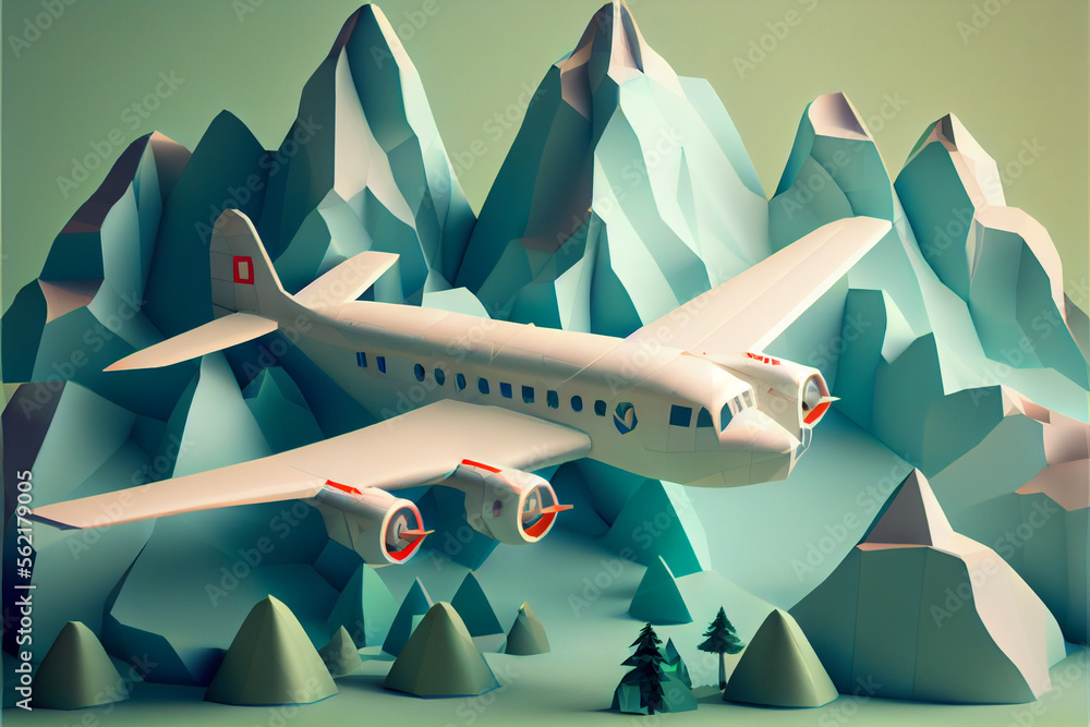 Poster beautiful abstract landscape and airplane. low poly. minimalism retro style concept. generative ai t