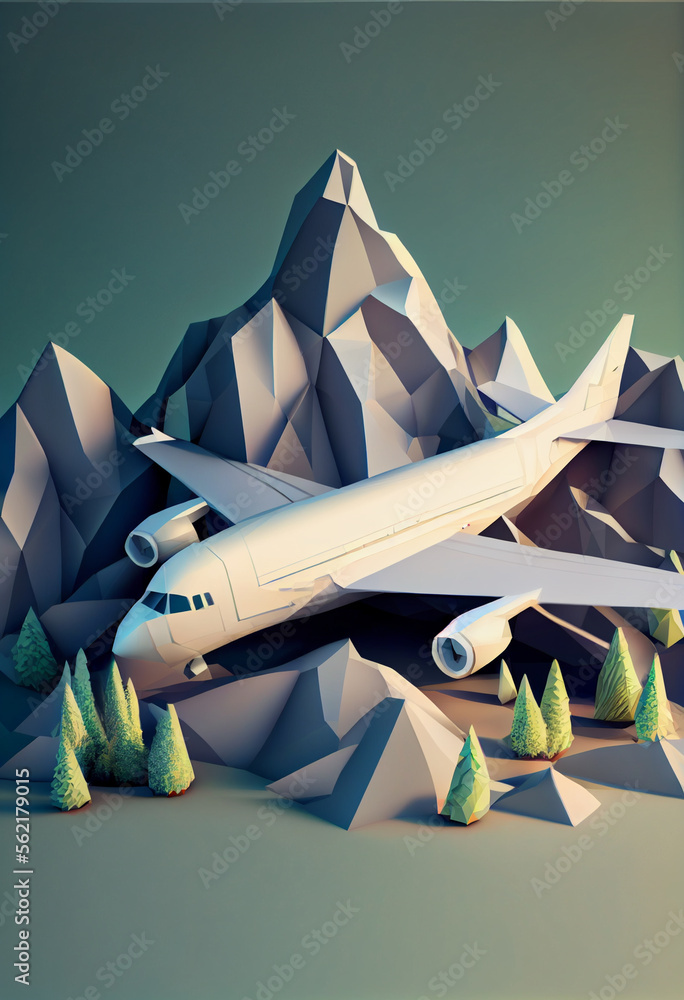 Poster beautiful abstract landscape and airplane. low poly. minimalism retro style concept. generative ai t
