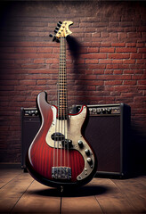 Fototapeta na wymiar Beautiful old bass red Guitar . Generative AI technology 