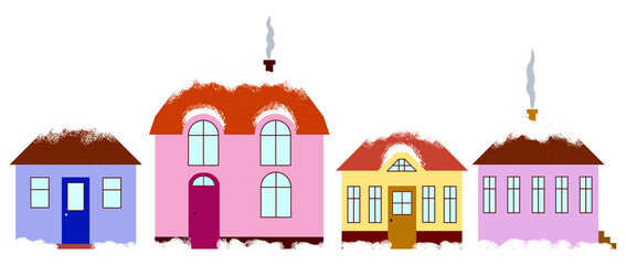 Set of winter village houses on transparent background, png. Suburban cute colorful buildings with roofs, windows, chimneys, doors, snow and smoke. Cartoon, illustration, isolated