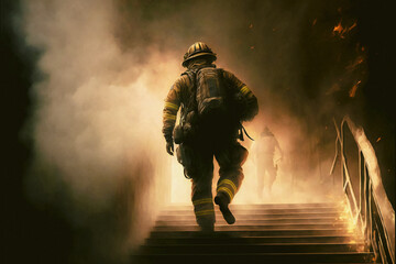 Fireman in flames saving people from burn, ai generated