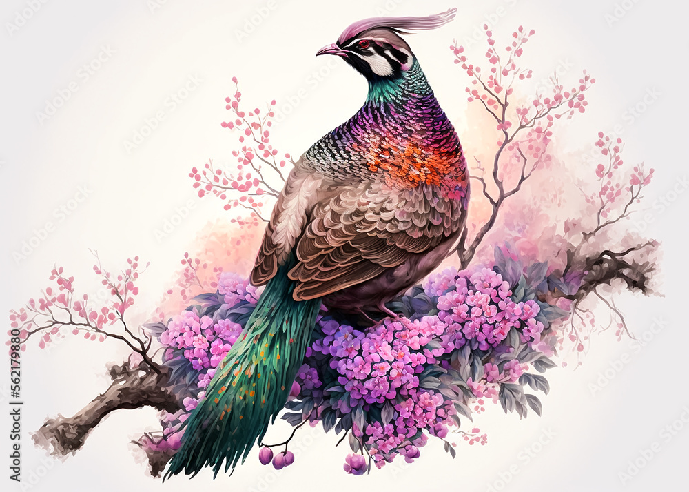 Wall mural colorful pheasant, exotic bird portrait on blooming twig, digital watercolor painting, floral backgr