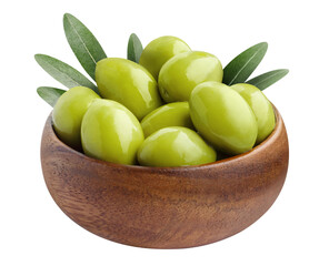 Delicious green ripe olives in a wooden bowl cut out