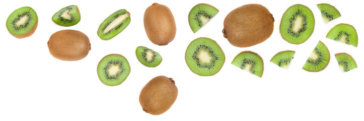 Fototapeta premium Kiwi fruit with slices isolated on white background with copy space for your text. Top view. Flat lay pattern