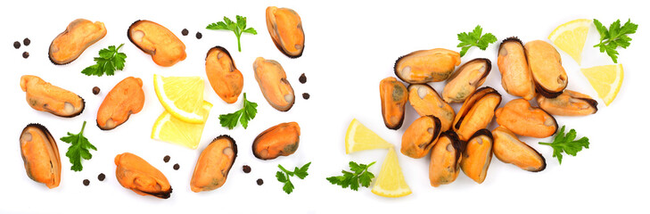 mussels with parsley lemon and peppercorns isolated on white background. Top view. Flat lay