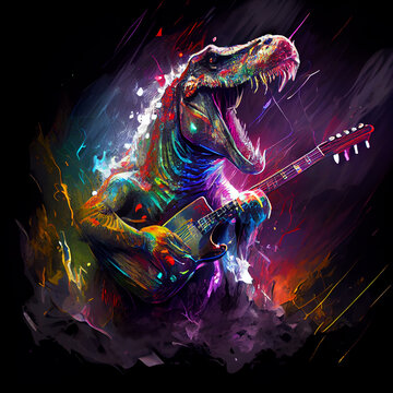 Tyrannosaurus playing guitar. Generative AI.