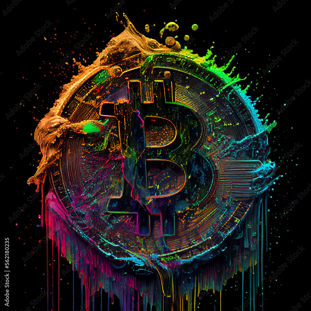Poster bitcoin with dripping colorful paints. generative ai.