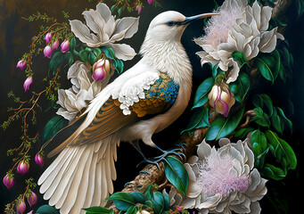 White tropical bird on paradise floral background, digital illustration, fantasy colorful wallpaper, generative ai