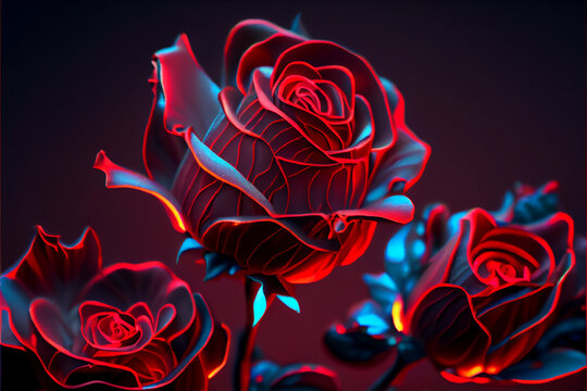Beautiful fresh roses. Red neon rose close up. Bright macro background.  Stock Illustration, neon rose