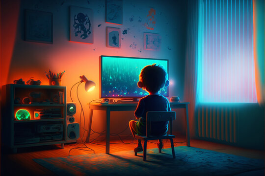 Illustration cartoon style of a boy playing computer/video games in his room - Generative ai Technology