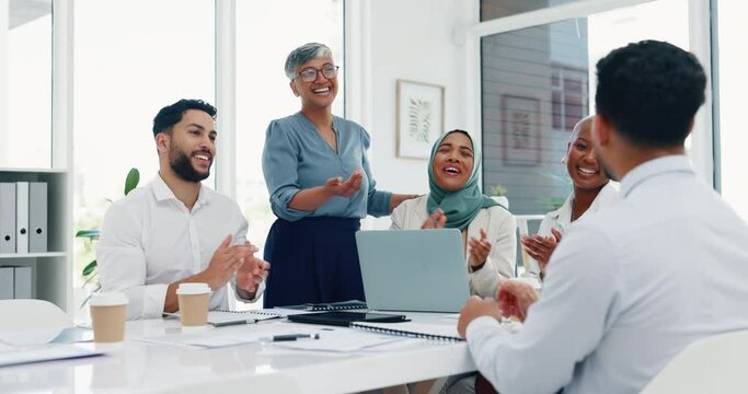 B2B, thank you and handshake business people applause for welcome, partnership or hiring contract on success deal. Trust, support and collaboration worker shaking hands at end of business meeting.