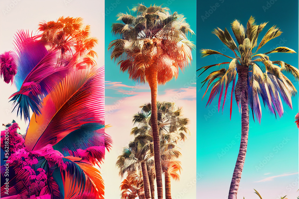 Poster beautiful abstract three palm tree on a color background