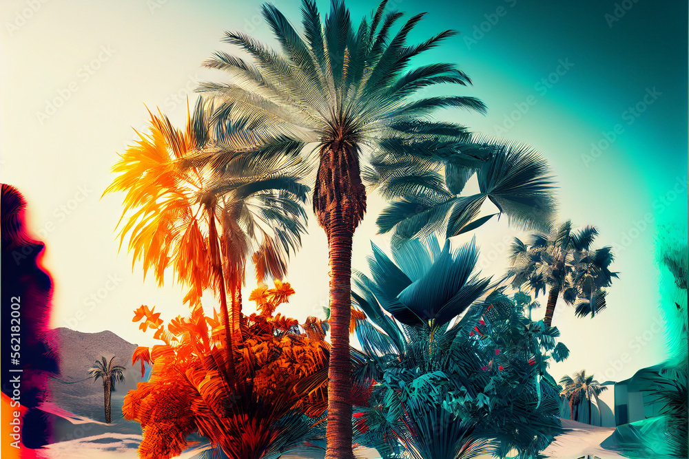 Poster beautiful abstract three palm tree on a color background