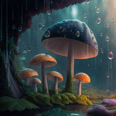 Fototapeta premium mushrooms in a forest with a rainfall and cliffs with crystals