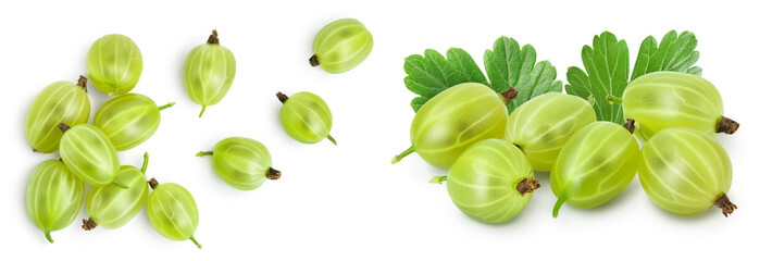 Green gooseberry isolated on white background with full depth of field. Top view. Flat lay - obrazy, fototapety, plakaty