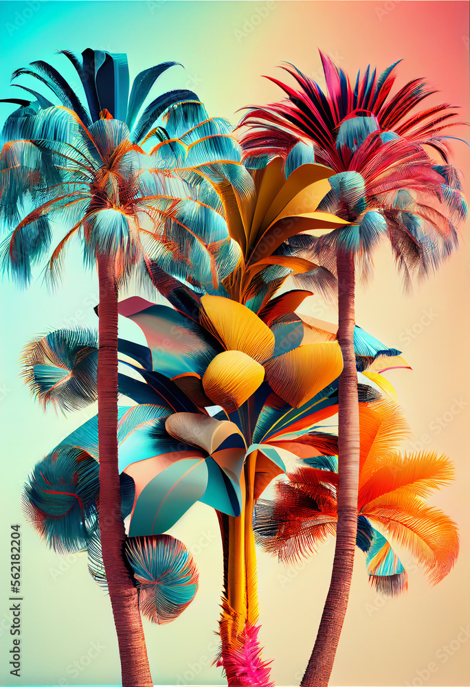Poster beautiful abstract three palm tree on a color background