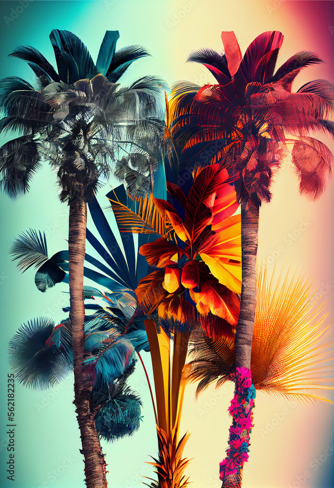 Poster beautiful abstract three palm tree on a color background
