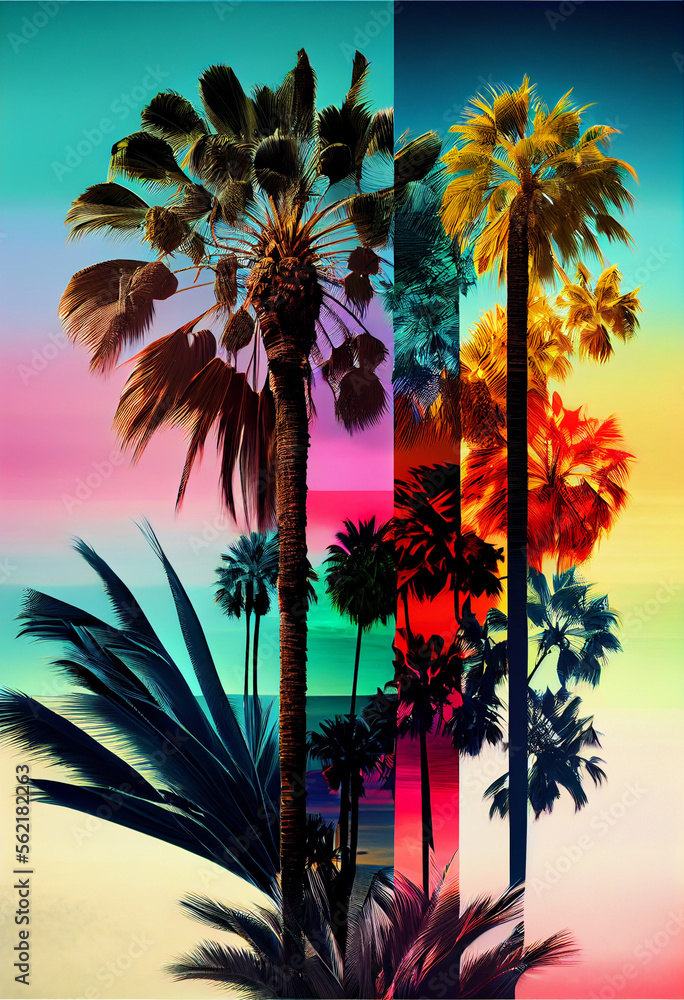 Poster beautiful abstract three palm tree on a color background
