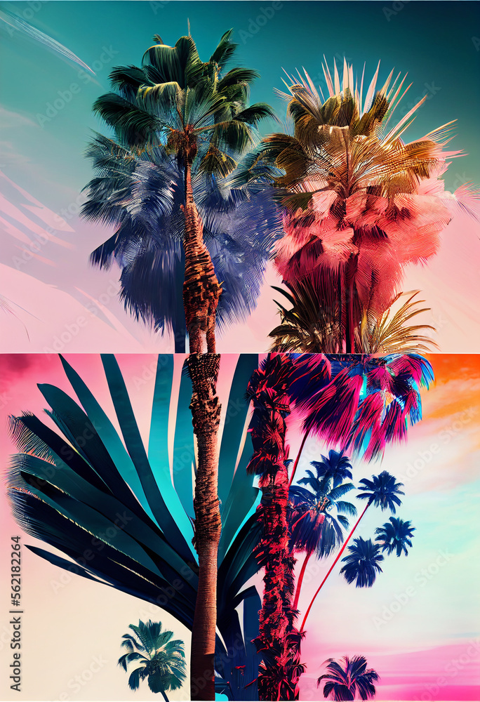 Poster beautiful abstract three palm tree on a color background